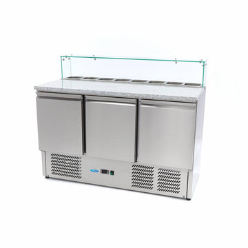 Banc refrigerat preprare pizza cu blat granit, 0C 10C, cu 3 usi, vitrina de ingrediante cu capac sticla pentru 8 cuve GN 16