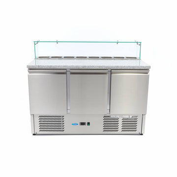 Banc refrigerat preprare pizza cu blat granit, 0C 10C, cu 3 usi, vitrina de ingrediante cu capac sticla pentru 8 cuve GN 16