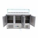 Banc refrigerat preprare pizza cu blat granit, 0C 10C, cu 3 usi, vitrina de ingrediante cu capac sticla pentru 8 cuve GN 16