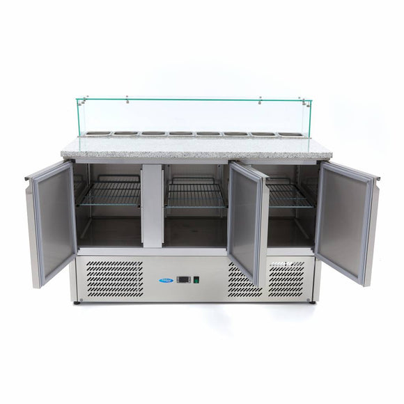 Banc refrigerat preprare pizza cu blat granit, 0C 10C, cu 3 usi, vitrina de ingrediante cu capac sticla pentru 8 cuve GN 16