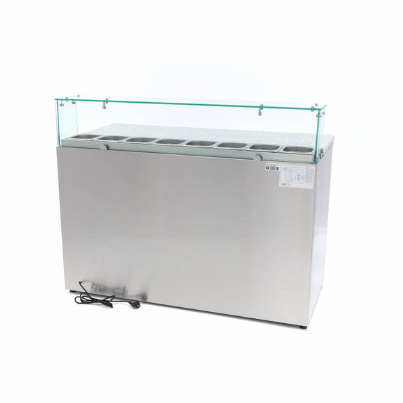 Banc refrigerat preprare pizza cu blat granit, 0C 10C, cu 3 usi, vitrina de ingrediante cu capac sticla pentru 8 cuve GN 16