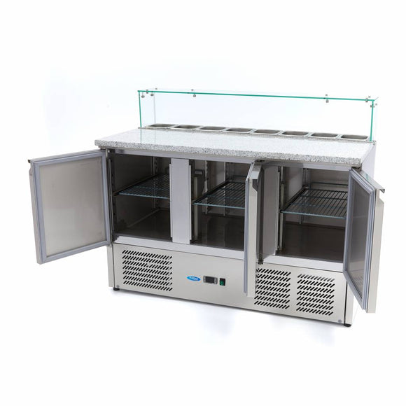 Banc refrigerat preprare pizza cu blat granit, 0C 10C, cu 3 usi, vitrina de ingrediante cu capac sticla pentru 8 cuve GN 16
