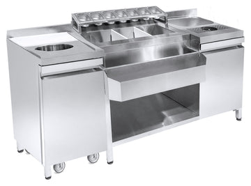 Bar cocktail station cu cuva gheata, spalator pahare, chiuveta, speed rack, tocator si pubela, 7 cuve GN 19, latime 180 cm