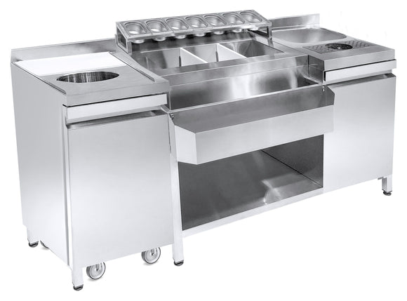 Bar cocktail station cu cuva gheata, spalator pahare, chiuveta, speed rack, tocator si pubela, 7 cuve GN 19, latime 180 cm