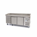Banc refrigerat preprare pizza cu blat granit, 0C 10C, cu 2 usi 7 sertare, cu roti