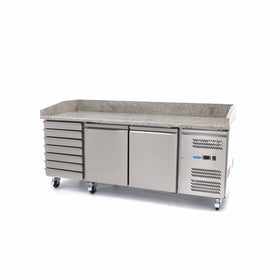 Banc refrigerat preprare pizza cu blat granit, 0C 10C, cu 2 usi 7 sertare, cu roti
