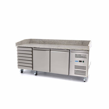 Banc refrigerat preprare pizza cu blat granit, 0C 10C, cu 2 usi 7 sertare, cu roti