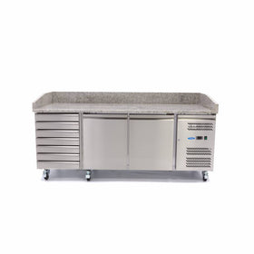 Banc refrigerat preprare pizza cu blat granit, 0C 10C, cu 2 usi 7 sertare, cu roti