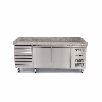 Banc refrigerat preprare pizza cu blat granit, 0C 10C, cu 2 usi 7 sertare, cu roti