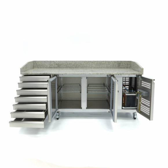 Banc refrigerat preprare pizza cu blat granit, 0C 10C, cu 2 usi 7 sertare, cu roti