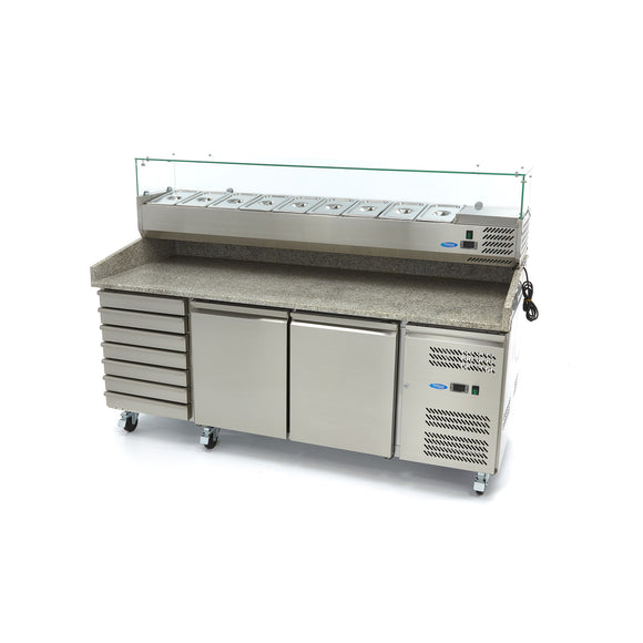 Banc refrigerat preprare pizza cu blat granit, 0C 10C, cu 2 usi 7 sertare, cu roti
