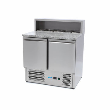 Banc refrigerat preprare pizza cu blat granit, 0C 10C, cu 2 usi, vitrina de ingrediante cu capac inox pentru 5 cuve GN 16