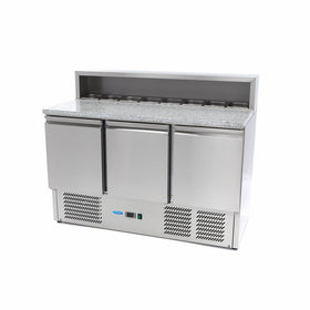 Banc refrigerat preprare pizza cu blat granit, 0C 10C, cu 3 usi, vitrina de ingrediante cu capac inox pentru 8 cuve GN 16