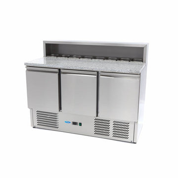Banc refrigerat preprare pizza cu blat granit, 0C 10C, cu 3 usi, vitrina de ingrediante cu capac inox pentru 8 cuve GN 16