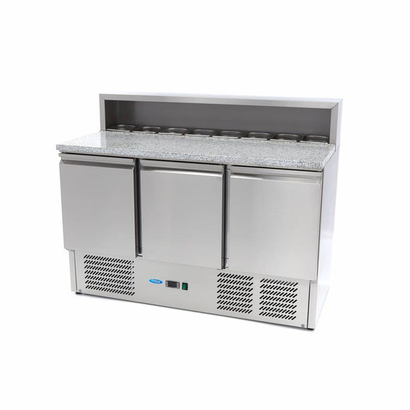 Banc refrigerat preprare pizza cu blat granit, 0C 10C, cu 3 usi, vitrina de ingrediante cu capac inox pentru 8 cuve GN 16
