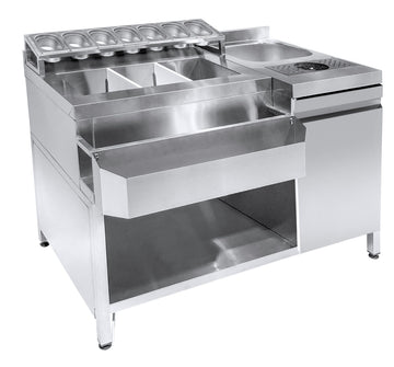 Bar cocktail station cu cuva gheata, spalator pahare, chiuveta, speed rack si 7 cuve GN 19, latime 134 cm
