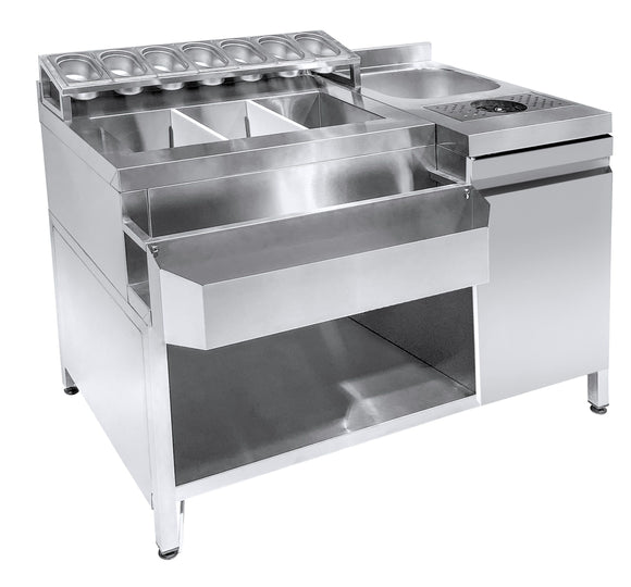 Bar cocktail station cu cuva gheata, spalator pahare, chiuveta, speed rack si 7 cuve GN 19, latime 134 cm
