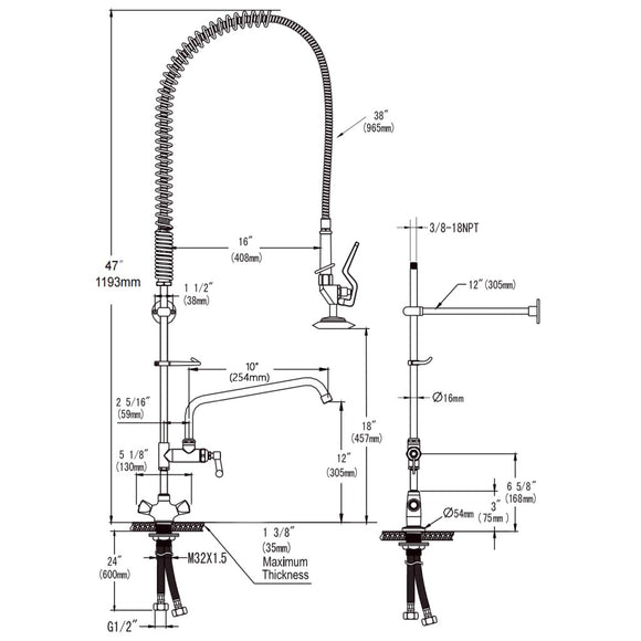 Baterie cu pipa si dus h116 cm