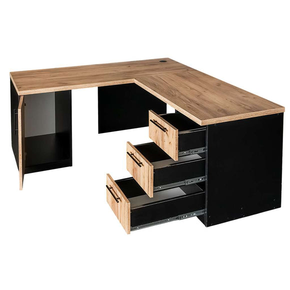 Birou de colt cu dulap si sertare 160x60xH76 cm, stejar kraft/negru, imagine 7