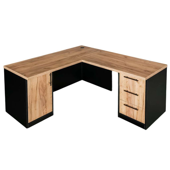 Birou de colt cu dulap si sertare 160x60xH76 cm, stejar kraft/negru, imagine 4