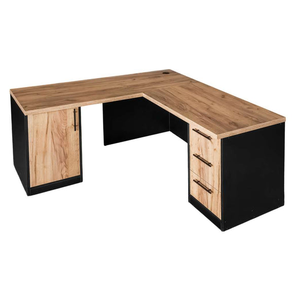 Birou de colt cu dulap si sertare 160x60xH76 cm, stejar kraft/negru, imagine 6