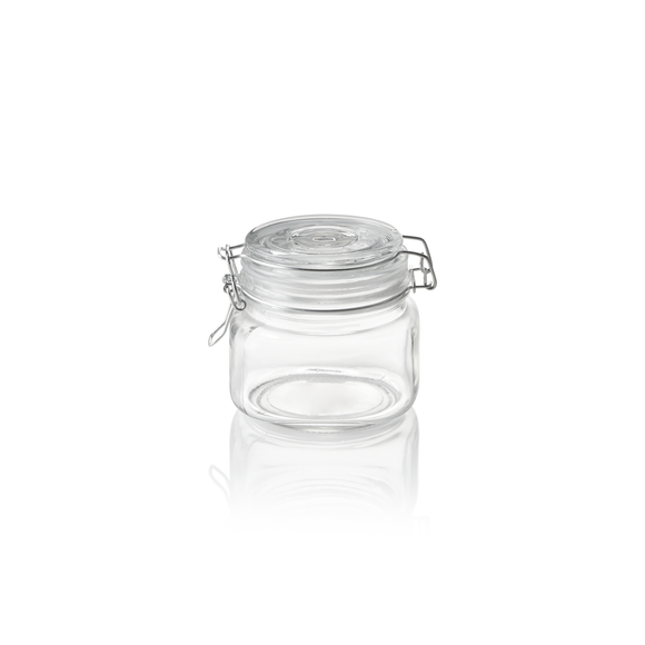 Borcan pentru depozitare, 0,5 litri, Ø 9 cm, inaltime 10 cm, sticla, otel inoxidabil, silicon
