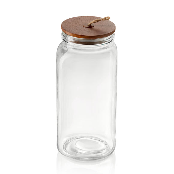 Borcan de depozitare cu capac din lemn de salcam si curea, 2 litri, Ø 9 cm, inaltime 26 cm, sticla, lemn de salcam, silicon