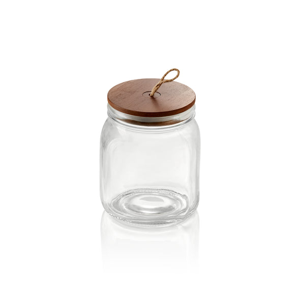 Borcan pentru depozitare cu capac si curea din lemn de salcam, 1 l, Ø 9 cm, inaltime 15 cm, sticla, lemn de salcam, silicon
