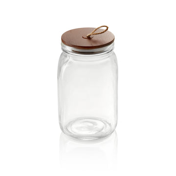 Borcan pentru depozitare cu capac si curea din lemn de salcam, 1,5 l, Ø 9 cm, inaltime 19,5 cm, sticla, lemn de salcam,...
