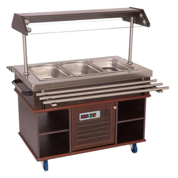 Bufet rece, 3 cuve GN 11, iluminare LED, nuc, cu roti. Cuva fabricat din inox Dotat