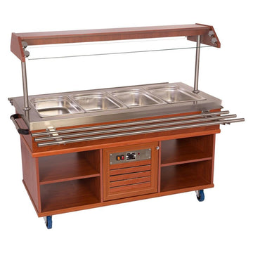 Bufet rece, 4 cuve GN 11, iluminare LED, nuc, cu roti. Cuva fabricat din inox Dotat