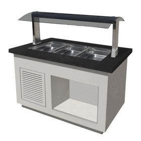 Bufet rece, 3 cuve GN 11, iluminare LED, alb, blat granit negru, cu roti. Cuva fabricat din inox 304