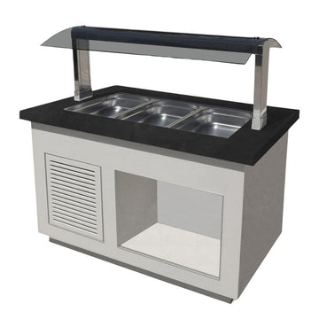 Bufet rece, 3 cuve GN 11, iluminare LED, alb, blat granit negru, cu roti. Cuva fabricat din inox 304
