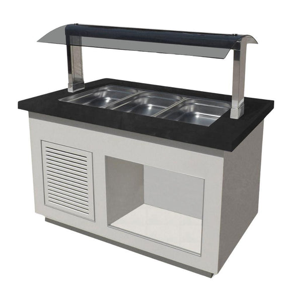 Bufet rece, 3 cuve GN 11, iluminare LED, alb, blat granit negru, cu roti. Cuva fabricat din inox 304