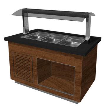 Bufet rece, 3 cuve GN 11, iluminare LED, nuc, blat granit negru, cu roti. Cuva fabricat din inox 304