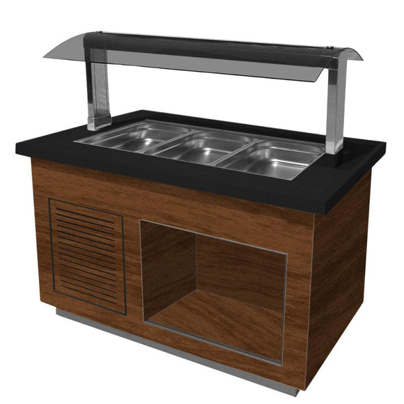 Bufet rece, 3 cuve GN 11, iluminare LED, nuc, blat granit negru, cu roti. Cuva fabricat din inox 304