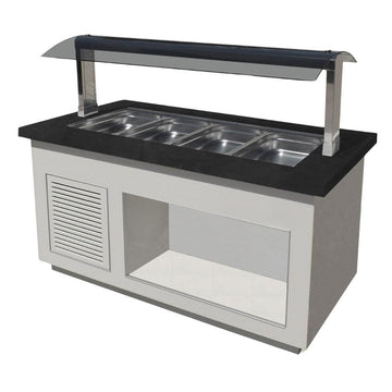 Bufet rece, 4 cuve GN 11, iluminare LED, alb, blat granit negru, cu roti. Cuva fabricat din inox 304