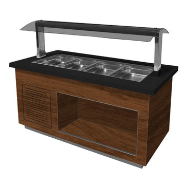Bufet rece, 4 cuve GN 11, iluminare LED, nuc, blat granit negru, cu roti. Cuva fabricat din inox 304