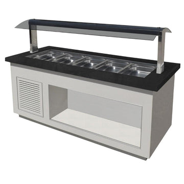 Bufet rece, 5 cuve GN 11, iluminare LED, alb, blat granit negru, cu roti. Cuva fabricat din inox 304