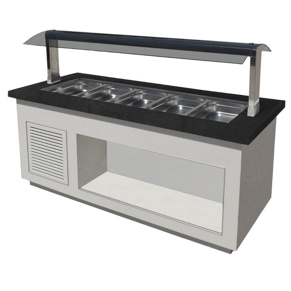 Bufet rece, 5 cuve GN 11, iluminare LED, alb, blat granit negru, cu roti. Cuva fabricat din inox 304