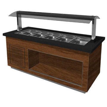 Bufet rece, 5 cuve GN 11, iluminare LED, nuc, blat granit negru, cu roti. Cuva fabricat din inox 304