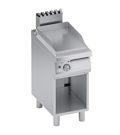 Plita fry-top pe gaz, neted, cu dulap deschis, aprindere electronica