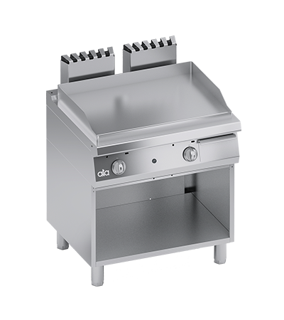 Plita fry-top pe gaz, neted, cu dulap deschis, aprindere electronica