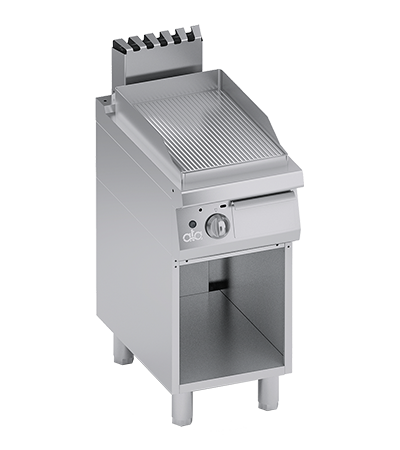 Plita fry-top pe gaz, striat, cu dulap deschis, aprindere electronica