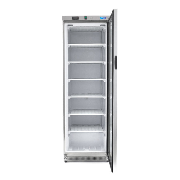 Congelator vertical cu usa sticla, -18C -22C, exterior inox, racire statica, 6 polite fixe, 400 litri