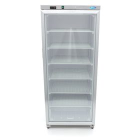 Congelator vertical cu usa sticla, -18C -22C, exterior inox, racire statica, 6 polite fixe, 600 litri