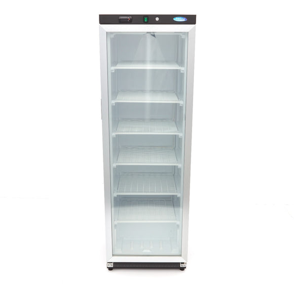 Congelator vertical cu usa sticla, -18C -22C, racire statica, 6 polite fixe, 400 litri, negru