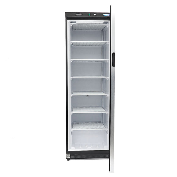 Congelator vertical cu usa sticla, -18C -22C, racire statica, 6 polite fixe, 400 litri, negru