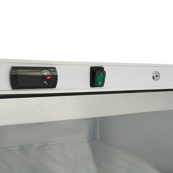 Congelator vertical cu usa sticla, -18C -22C, racire statica, 6 polite fixe, 600 litri, alb