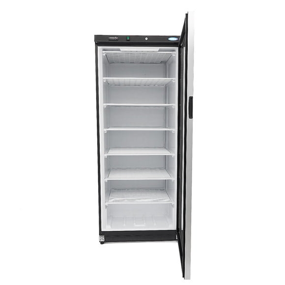 Congelator vertical cu usa sticla, -18C -22C, racire statica, 6 polite fixe, 600 litri, negru